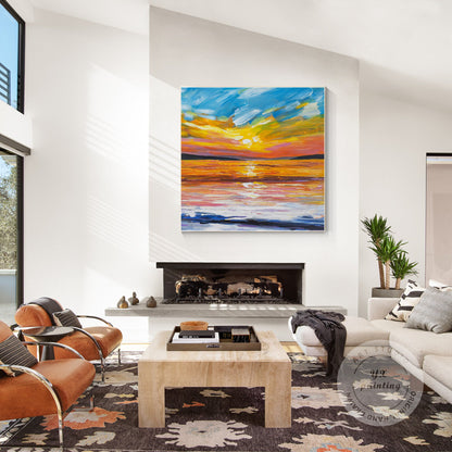 Orange Blue Sunrise Painting: Original Abstract Seascape, Framed Wall Art #5