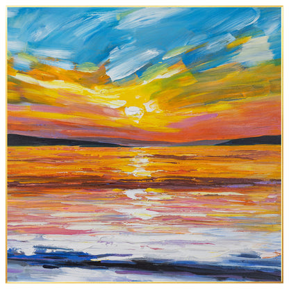 Orange Blue Sunrise Painting: Original Abstract Seascape, Framed Wall Art #7
