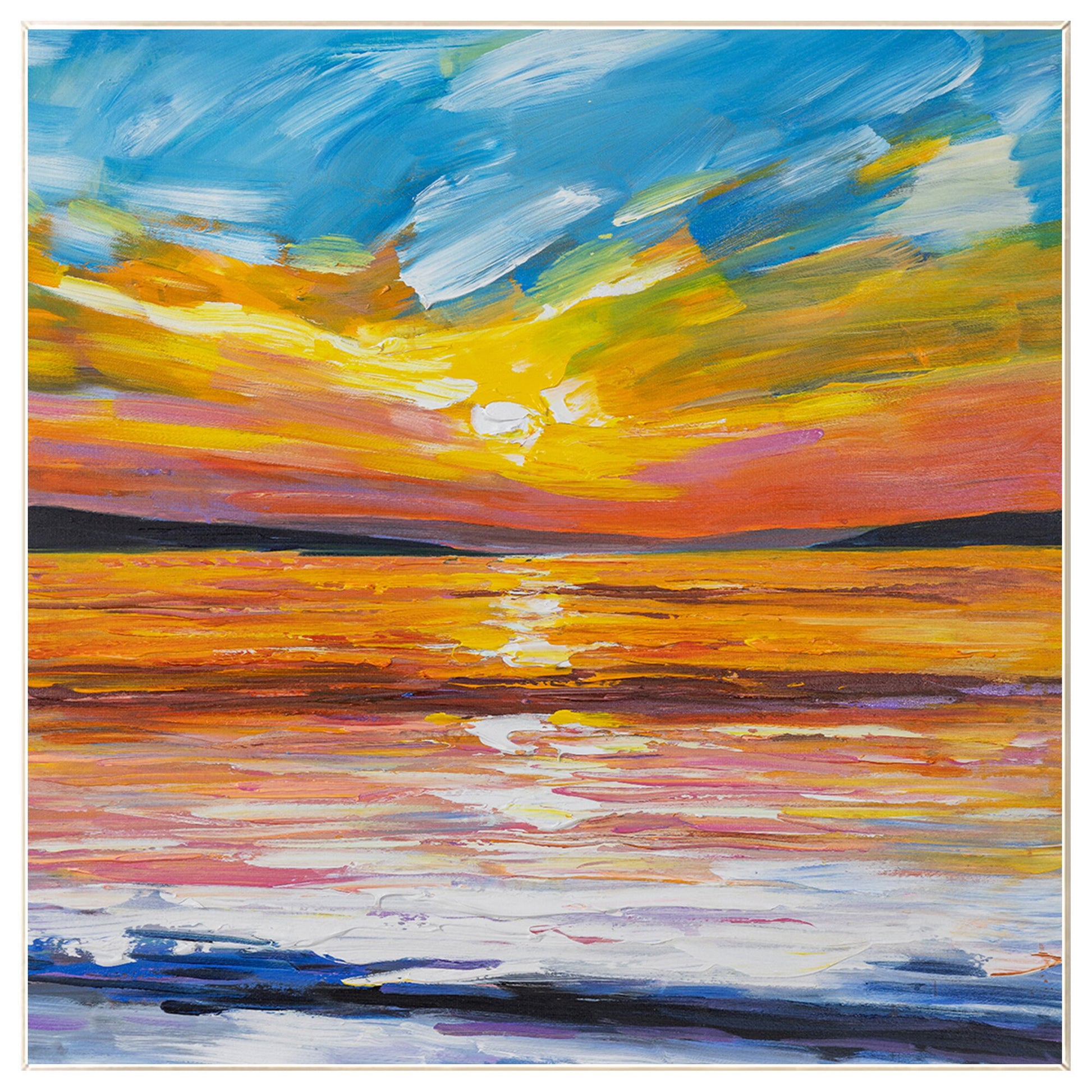 Orange Blue Sunrise Painting: Original Abstract Seascape, Framed Wall Art #8