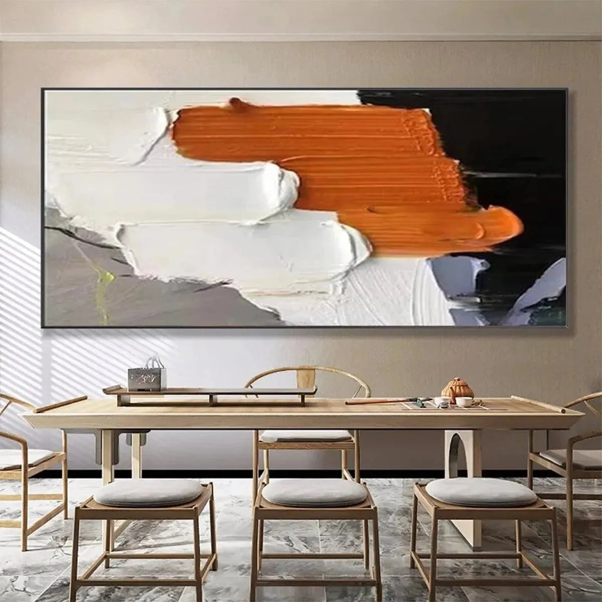 ORANGE BURST: Textured Abstract Painting in Orange, White, and Black for Living Room | Abstract closeup, raised brushwork detail