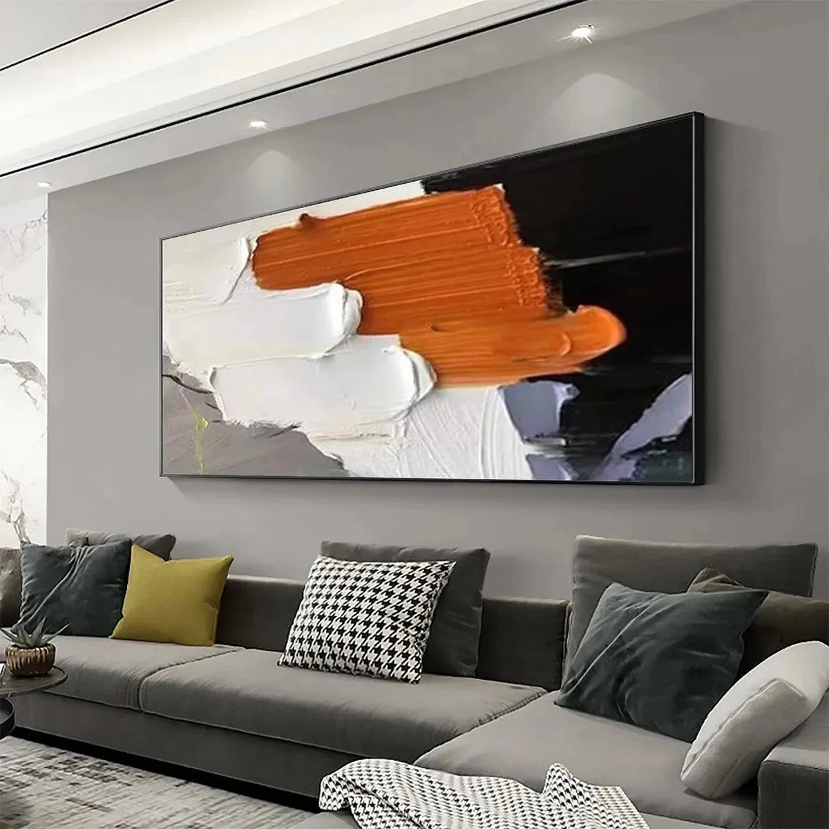 ORANGE BURST: Textured Abstract Painting in Orange, White, and Black for Living Room | gold frame stretched on neutral wall
