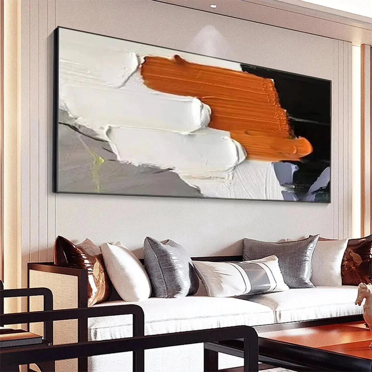 ORANGE BURST: Textured Abstract Painting in Orange, White, and Black for Living Room | rolled canvas, ready for custom framing