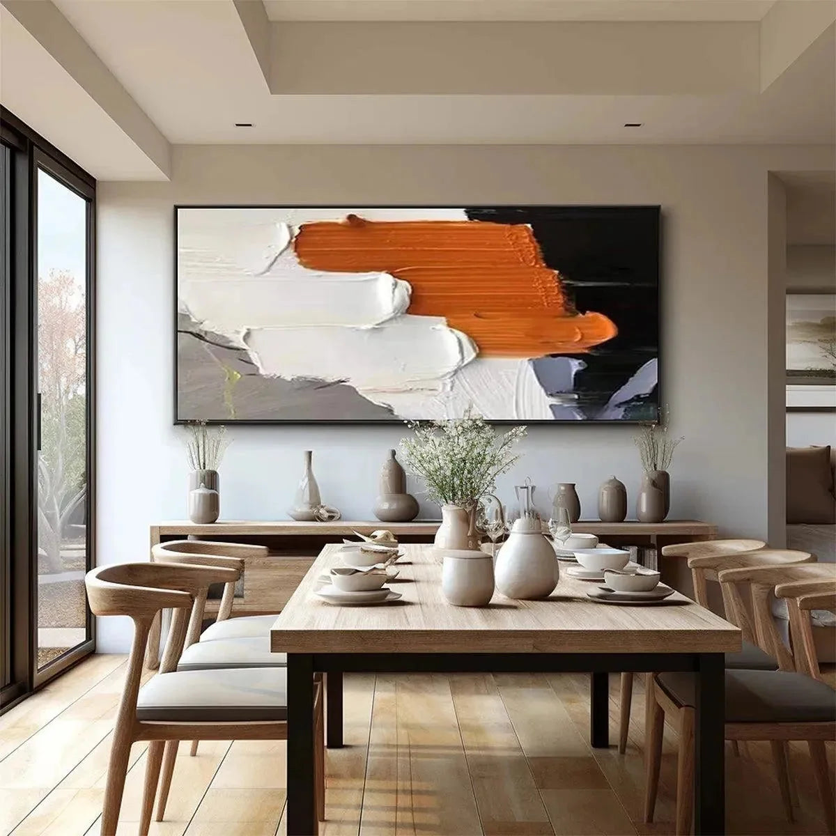 ORANGE BURST: Textured Abstract Painting in Orange, White, and Black for Living Room | beige palette, original oil on stretched canvas art