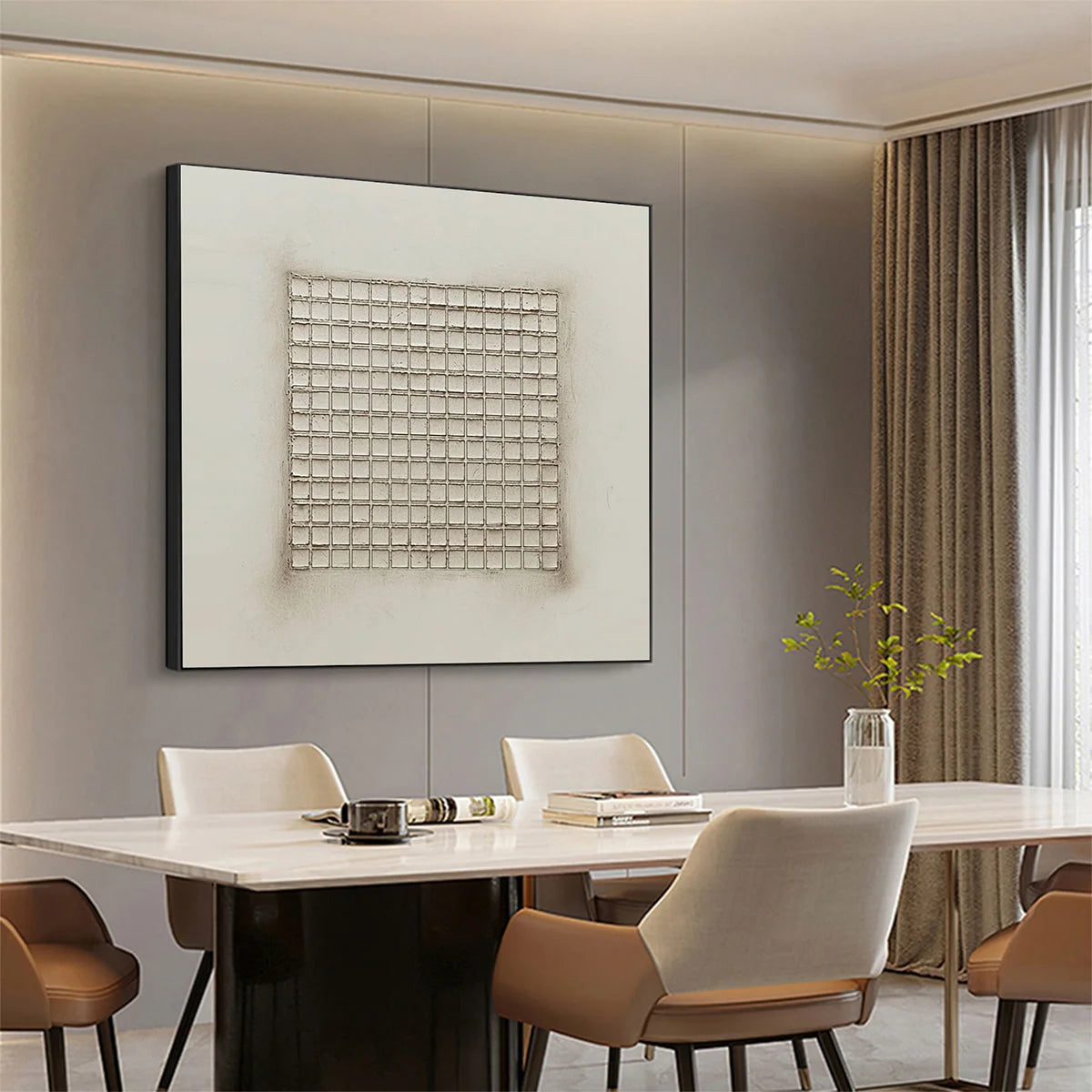 ORDERED CHAOS: Textured Minimalist Grid Oil Painting | gold frame stretched on neutral wall