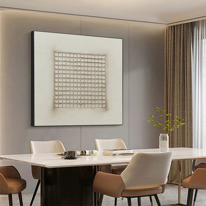 ORDERED CHAOS: Textured Minimalist Grid Oil Painting | gold frame stretched on neutral wall