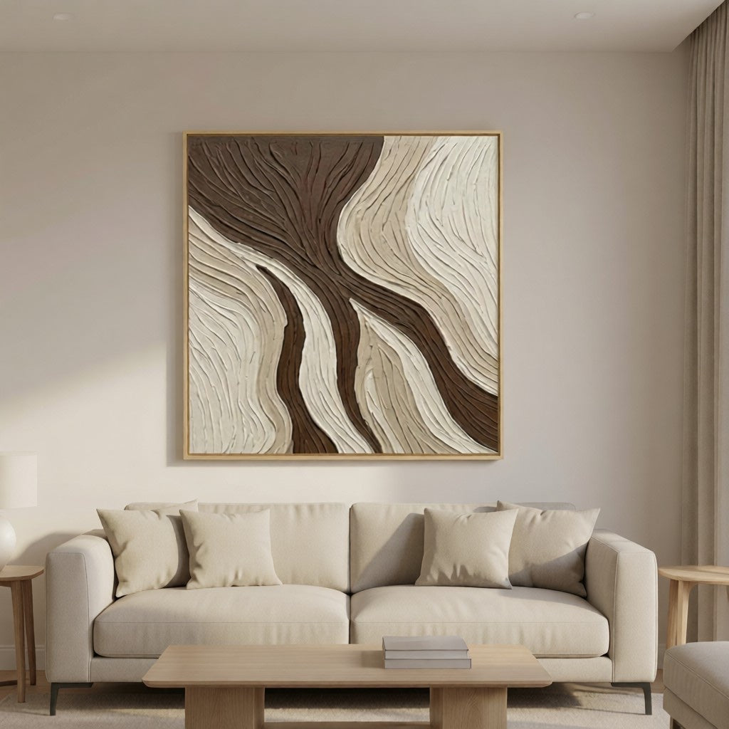 Organic Flow 3D Textured Abstract Wall Art styled in a refined neutral room setting to show wall scale, calm proportion, and interior decor mood.