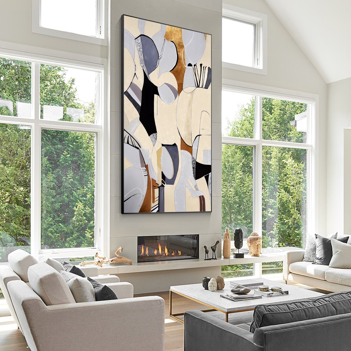 Organic Shape Abstract Painting: Beige Geometric Wall Art #5