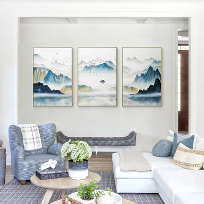 Oriental Mountain Painting Set: Teal Yellow Abstract Canvas Wall Art #2