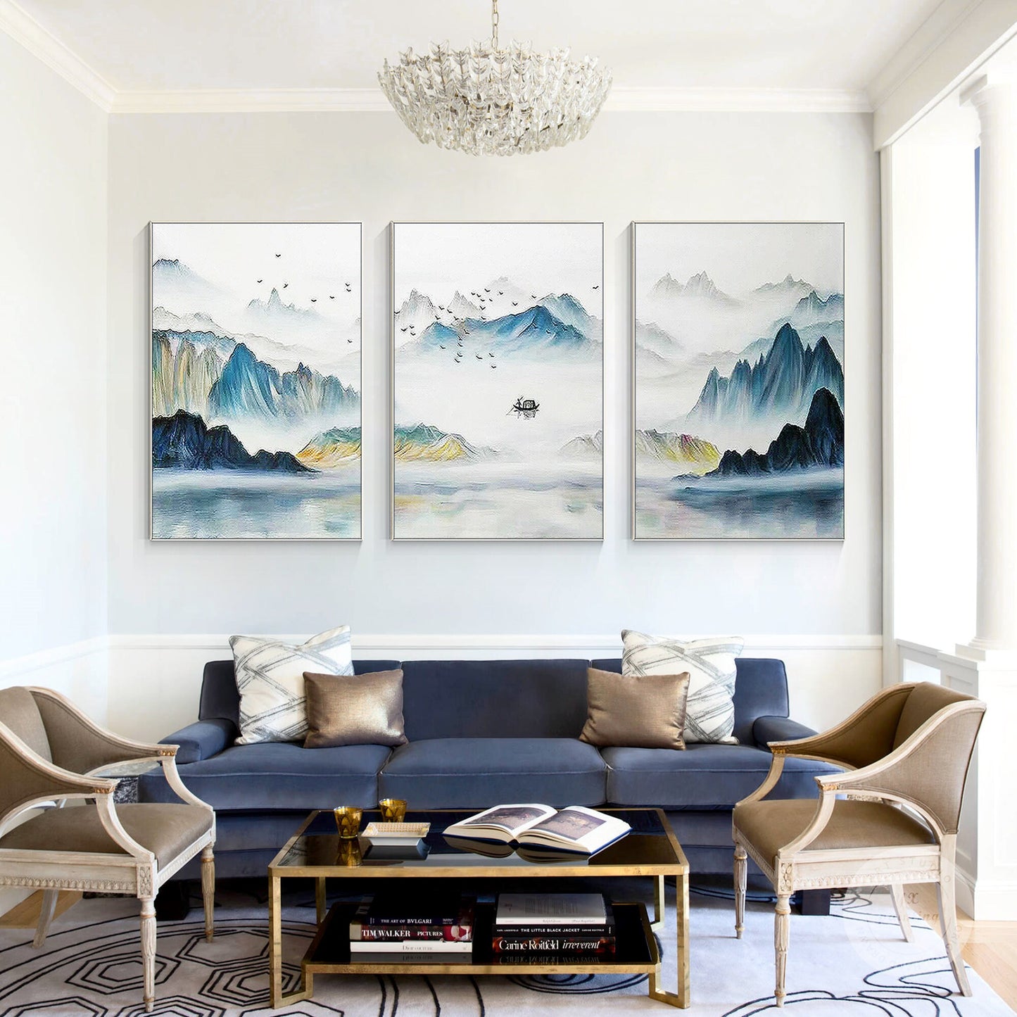 Oriental Mountain Painting Set: Teal Yellow Abstract Canvas Wall Art #3