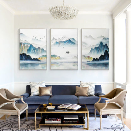 Oriental Mountain Painting Set: Teal Yellow Abstract Canvas Wall Art #3
