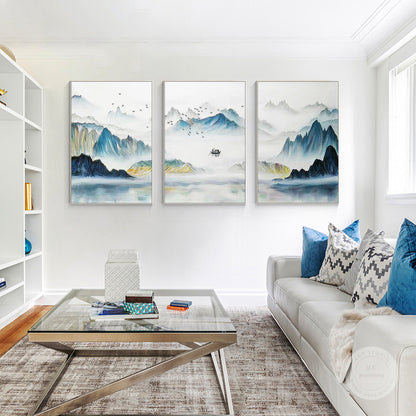 Oriental Mountain Painting Set: Teal Yellow Abstract Canvas Wall Art #4