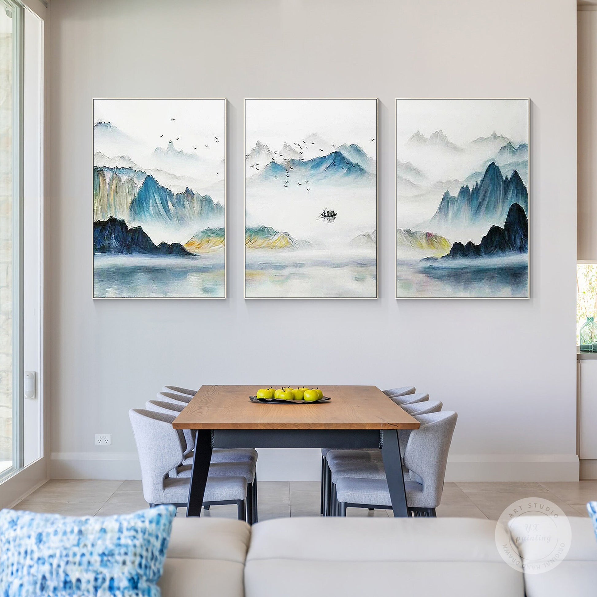 Oriental Mountain Painting Set: Teal Yellow Abstract Canvas Wall Art #5