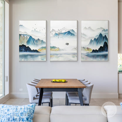 Oriental Mountain Painting Set: Teal Yellow Abstract Canvas Wall Art #5