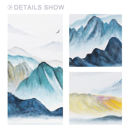 Oriental Mountain Painting Set: Teal Yellow Abstract Canvas Wall Art #6