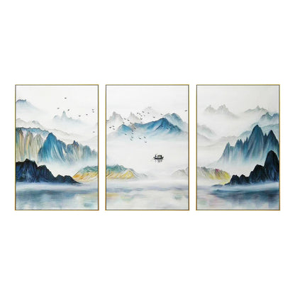 Oriental Mountain Painting Set: Teal Yellow Abstract Canvas Wall Art #8