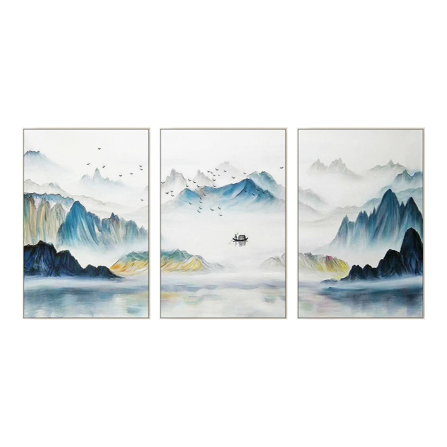 Oriental Mountain Painting Set: Teal Yellow Abstract Canvas Wall Art #9