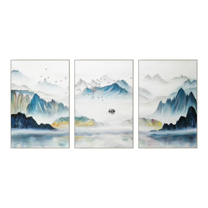 Oriental Mountain Painting Set: Teal Yellow Abstract Canvas Wall Art #9