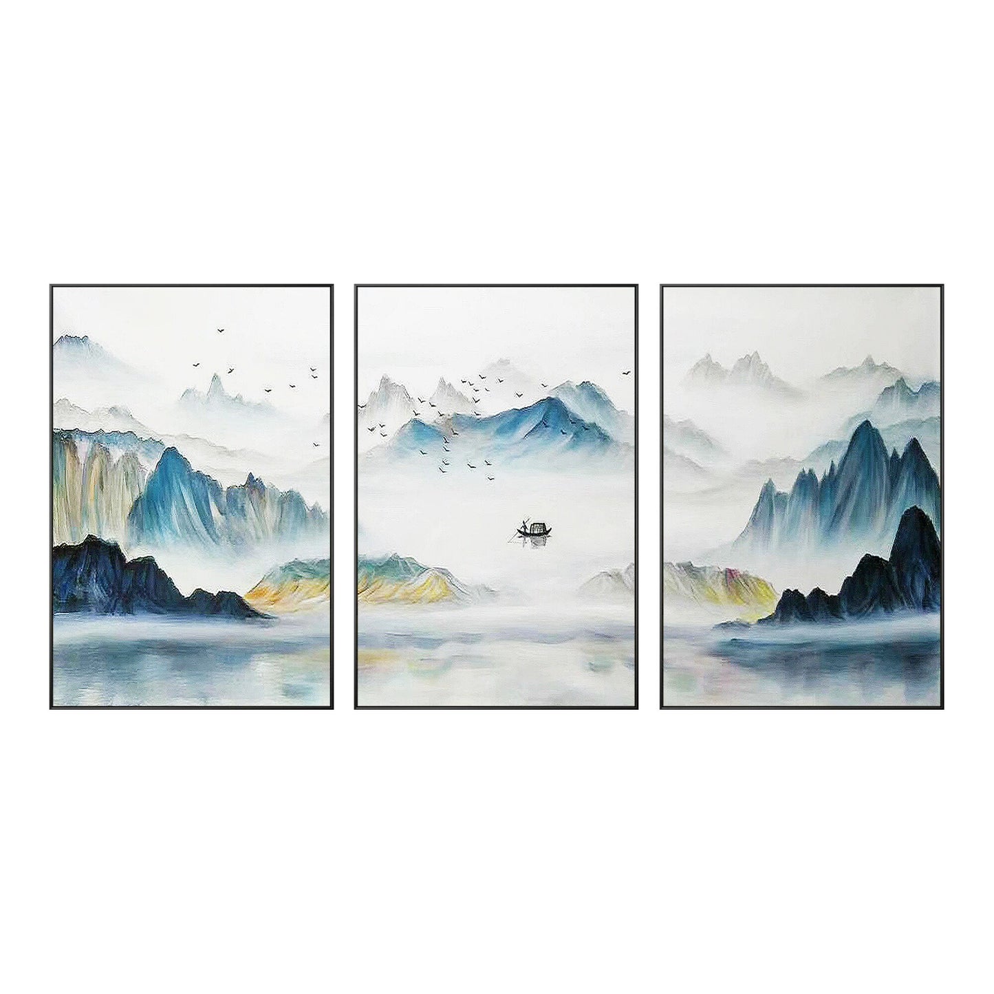 Oriental Mountain Painting Set: Teal Yellow Abstract Canvas Wall Art #10
