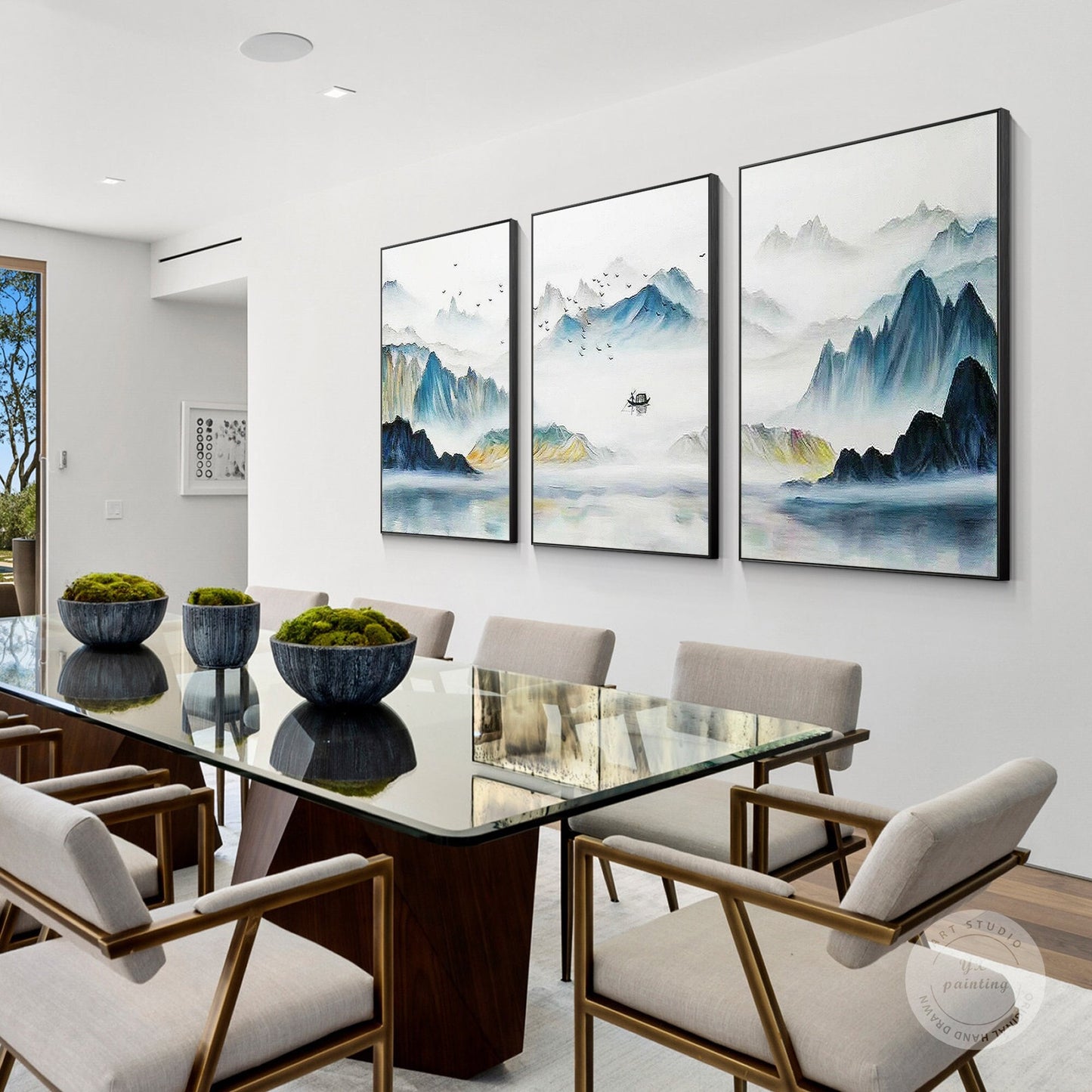Oriental Mountain Painting Set: Teal Yellow Abstract Canvas Wall Art #1