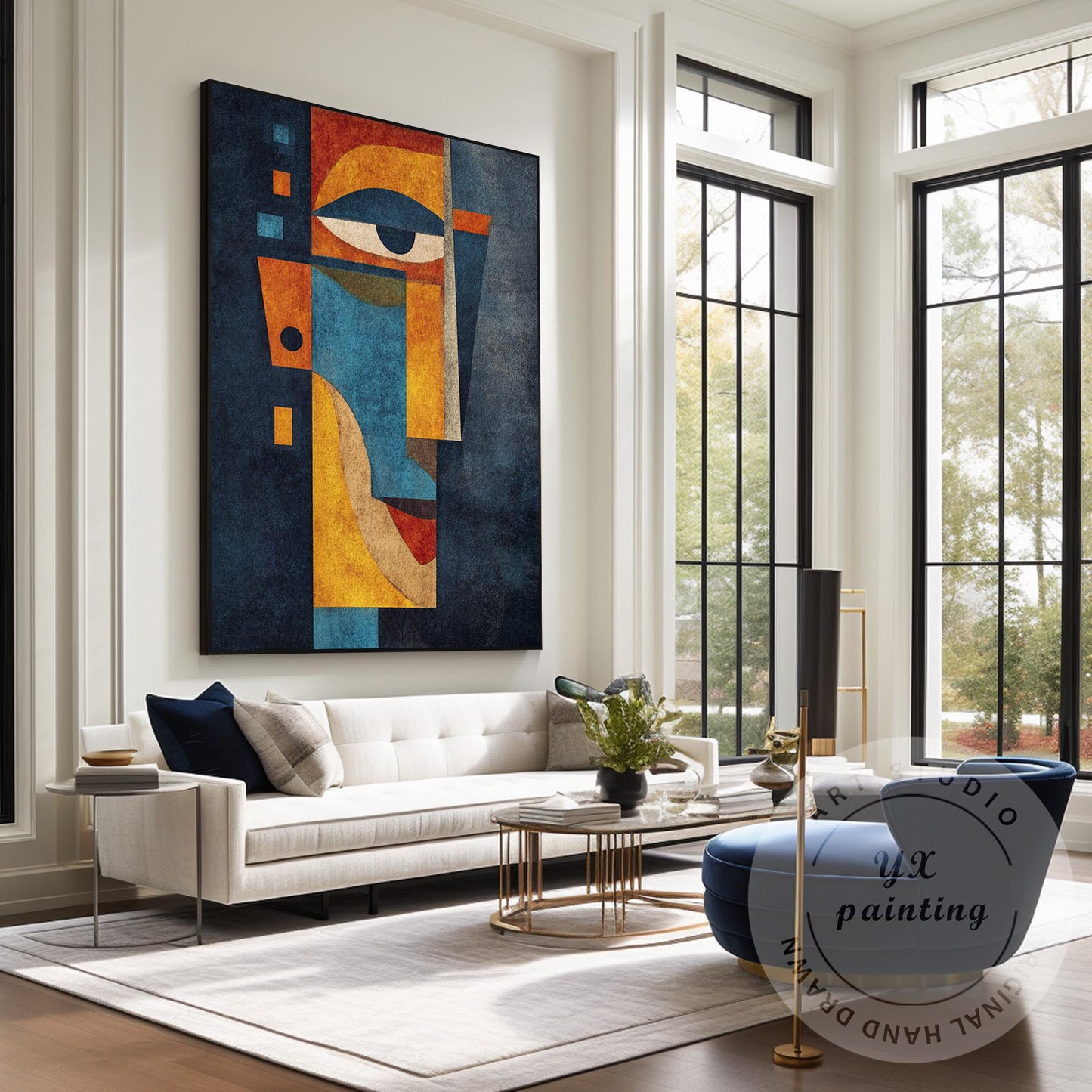 Original Abstract Portrait Painting, Handmade Geometric Modern Art, Blue Yellow  #2