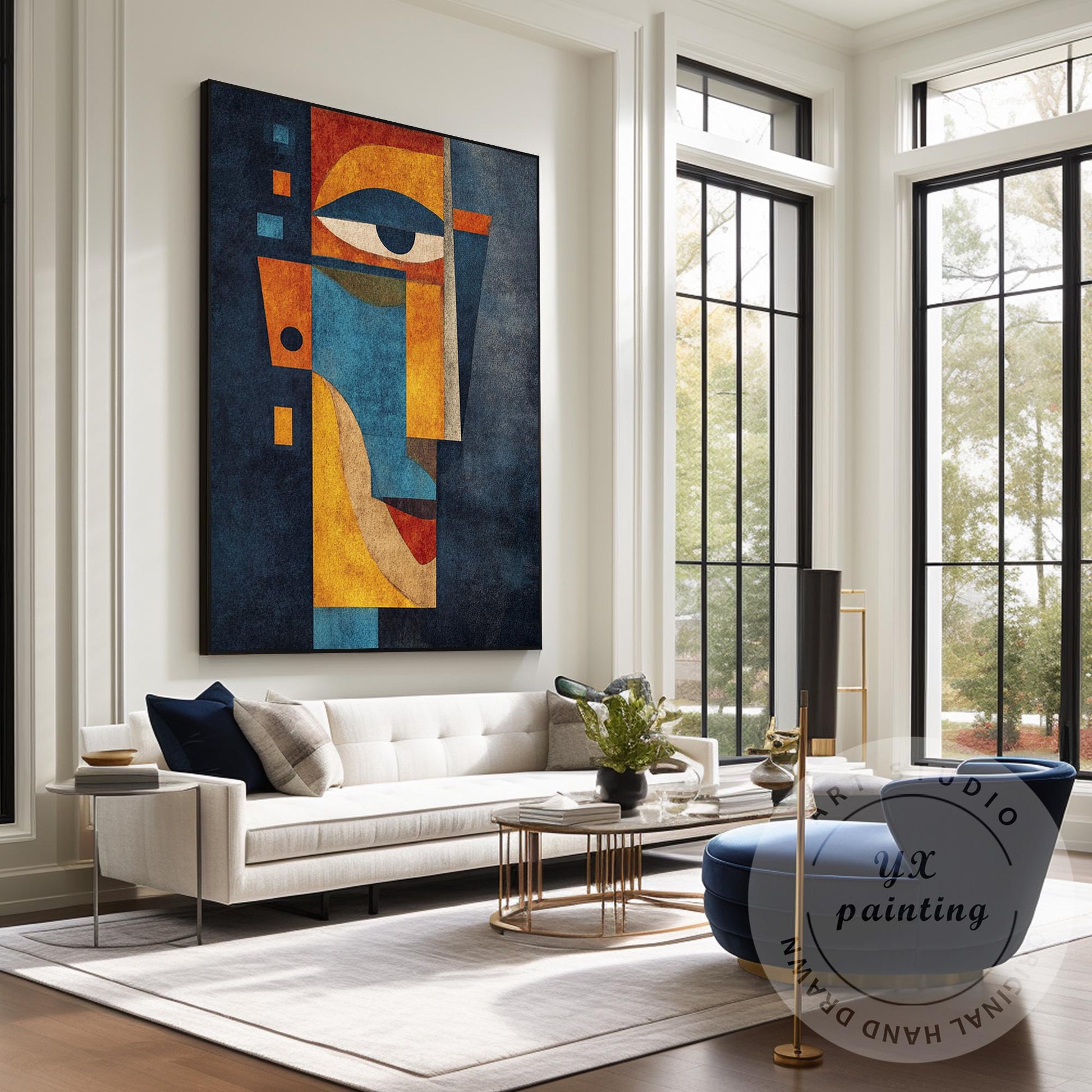 Original Abstract Portrait Painting, Handmade Geometric Modern Art, Blue Yellow  #2