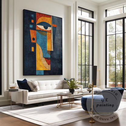 Original Abstract Portrait Painting, Handmade Geometric Modern Art, Blue Yellow  #2