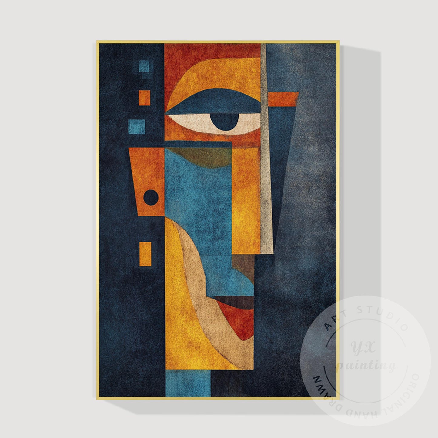 Original Abstract Portrait Painting, Handmade Geometric Modern Art, Blue Yellow  #12