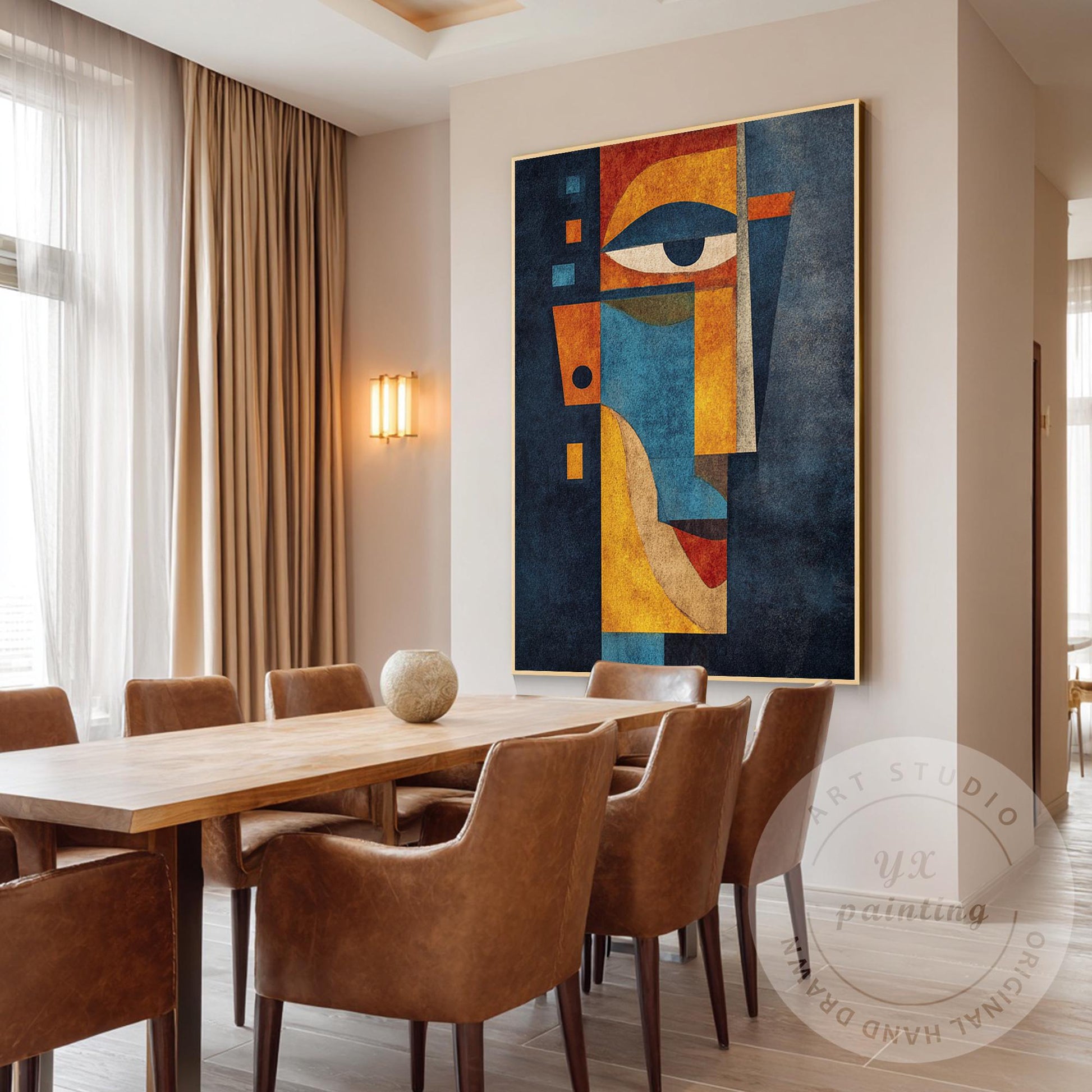 Original Abstract Portrait Painting, Handmade Geometric Modern Art, Blue Yellow  #3