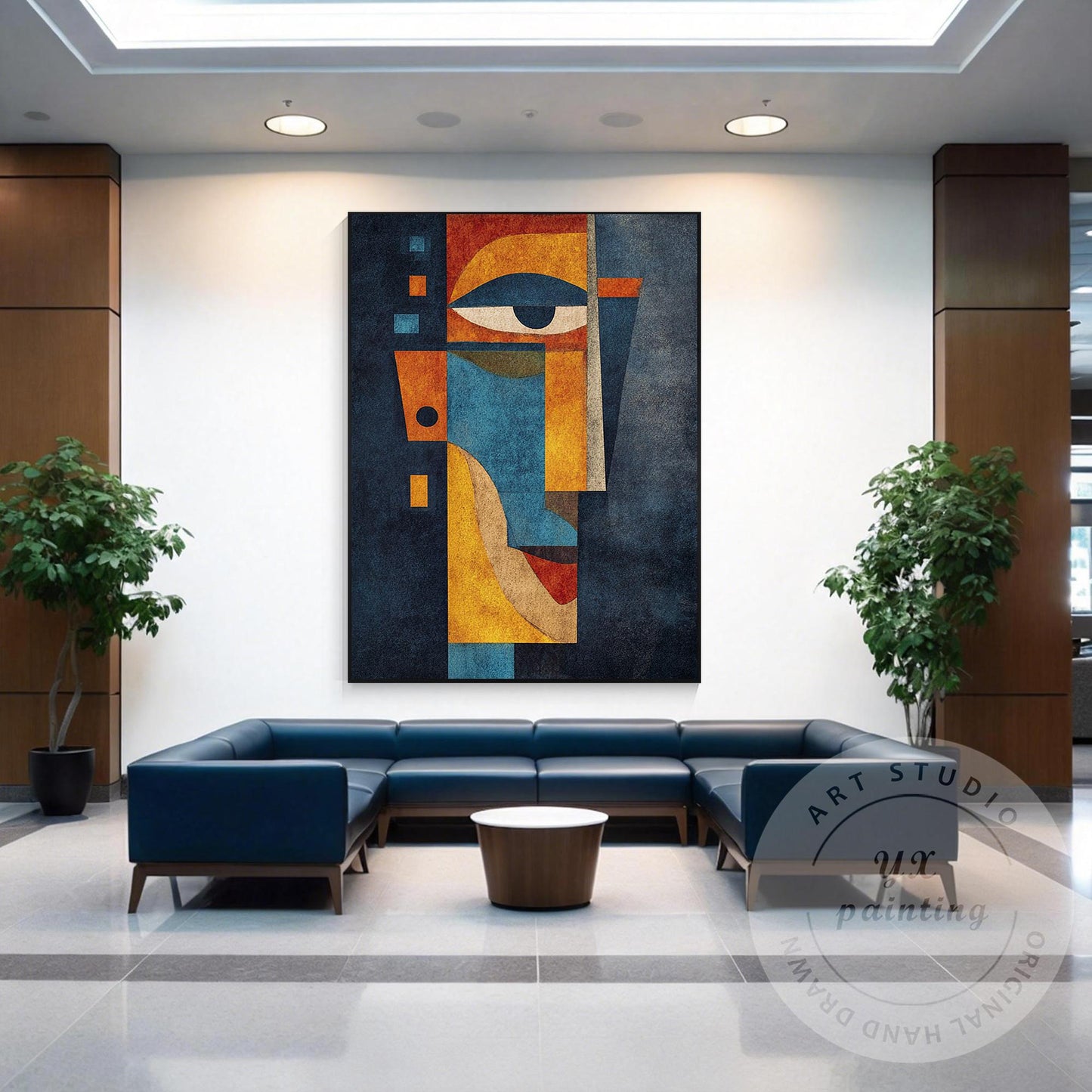 Original Abstract Portrait Painting, Handmade Geometric Modern Art, Blue Yellow  #4