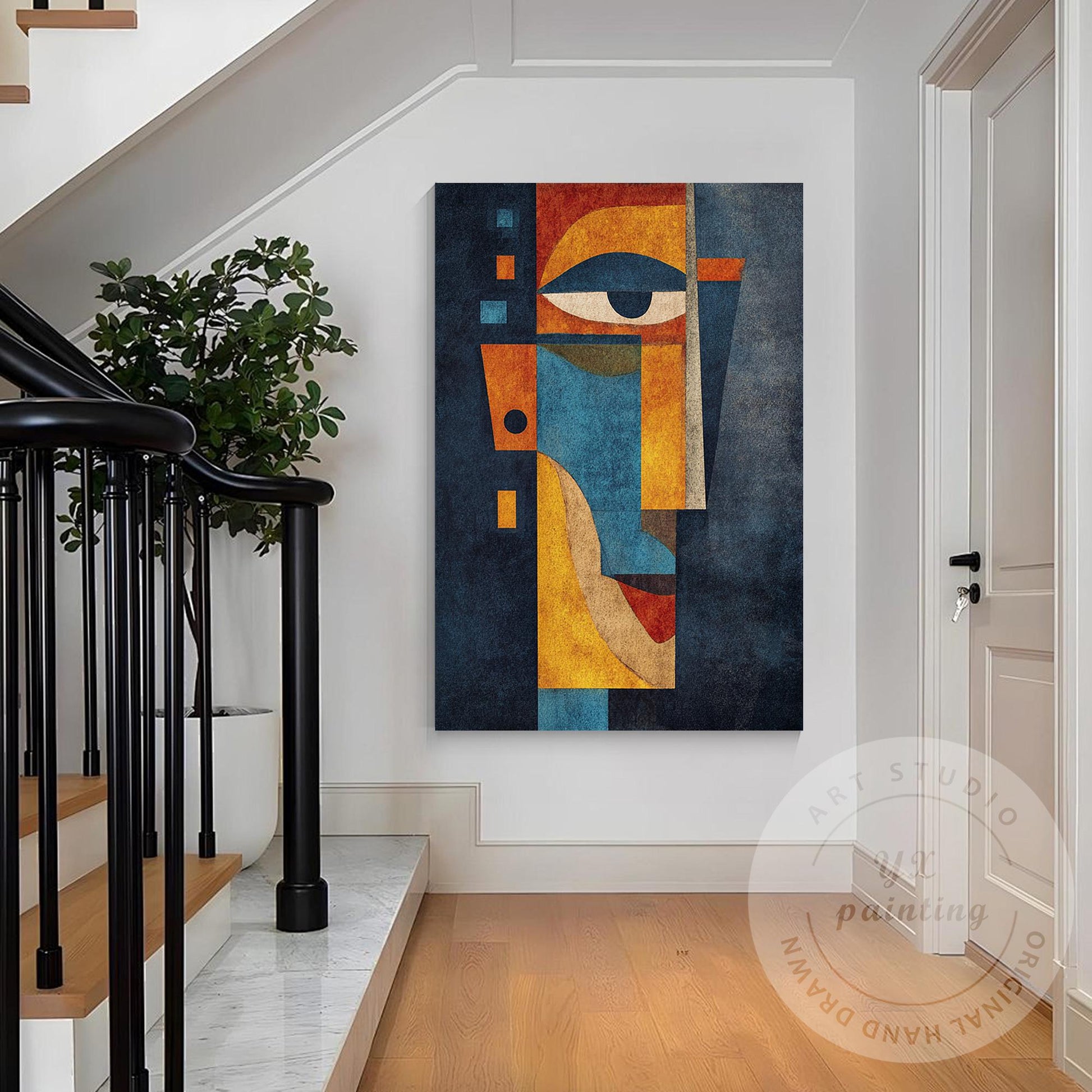 Original Abstract Portrait Painting, Handmade Geometric Modern Art, Blue Yellow  #5