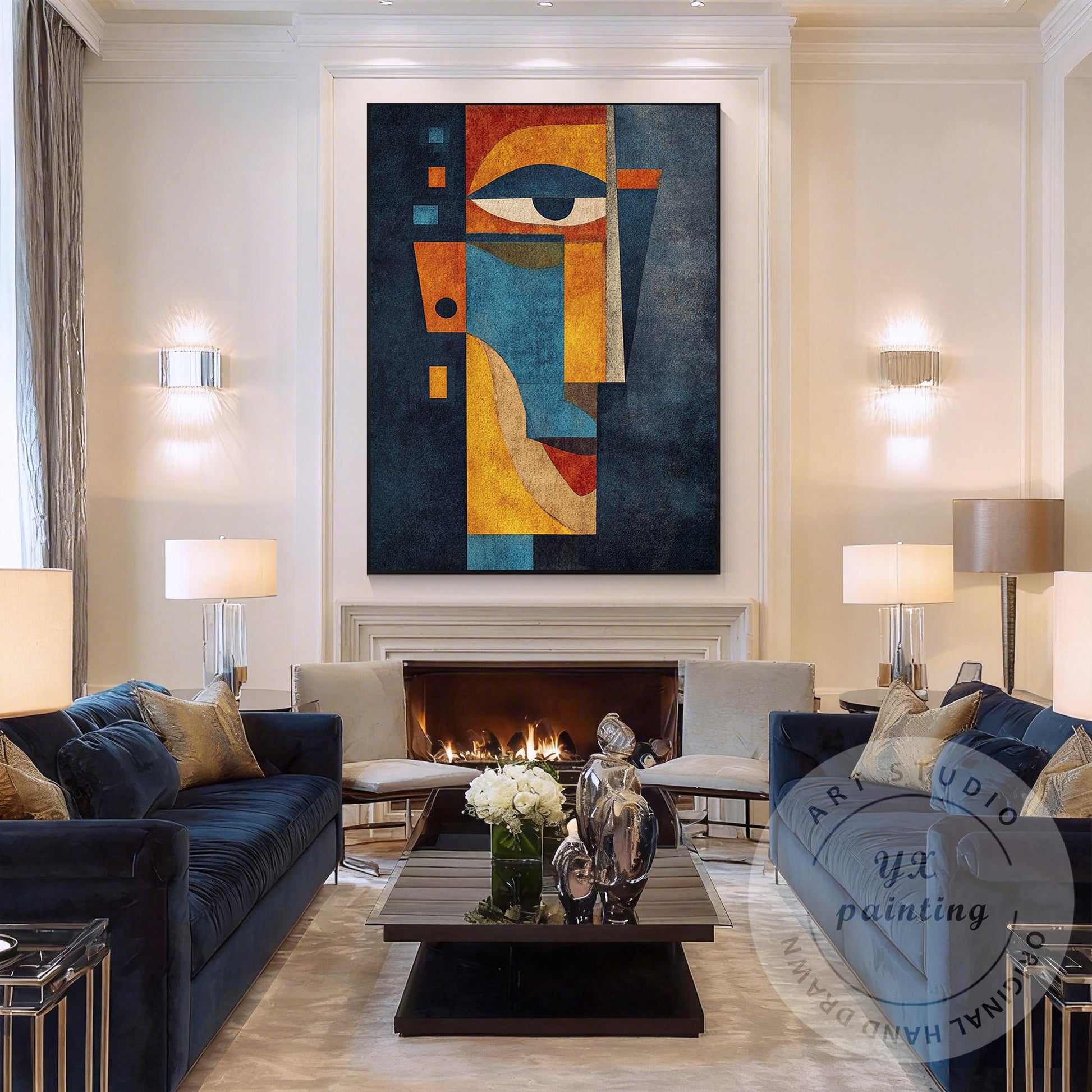 Original Abstract Portrait Painting, Handmade Geometric Modern Art, Blue Yellow  #6