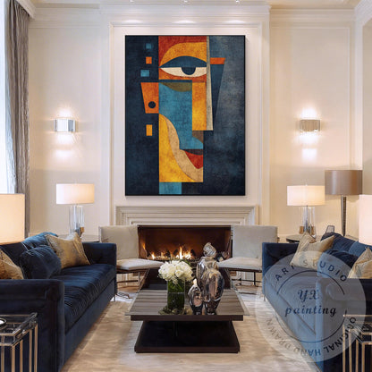Original Abstract Portrait Painting, Handmade Geometric Modern Art, Blue Yellow  #6