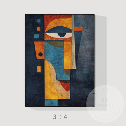 Original Abstract Portrait Painting, Handmade Geometric Modern Art, Blue Yellow  #7