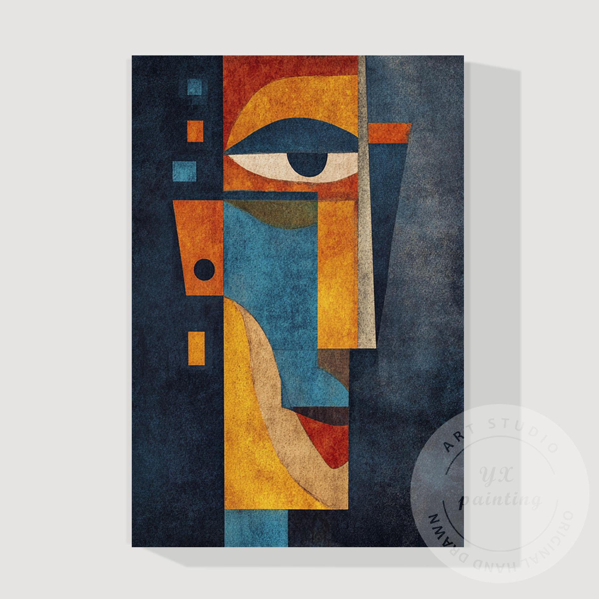 Original Abstract Portrait Painting, Handmade Geometric Modern Art, Blue Yellow  #8