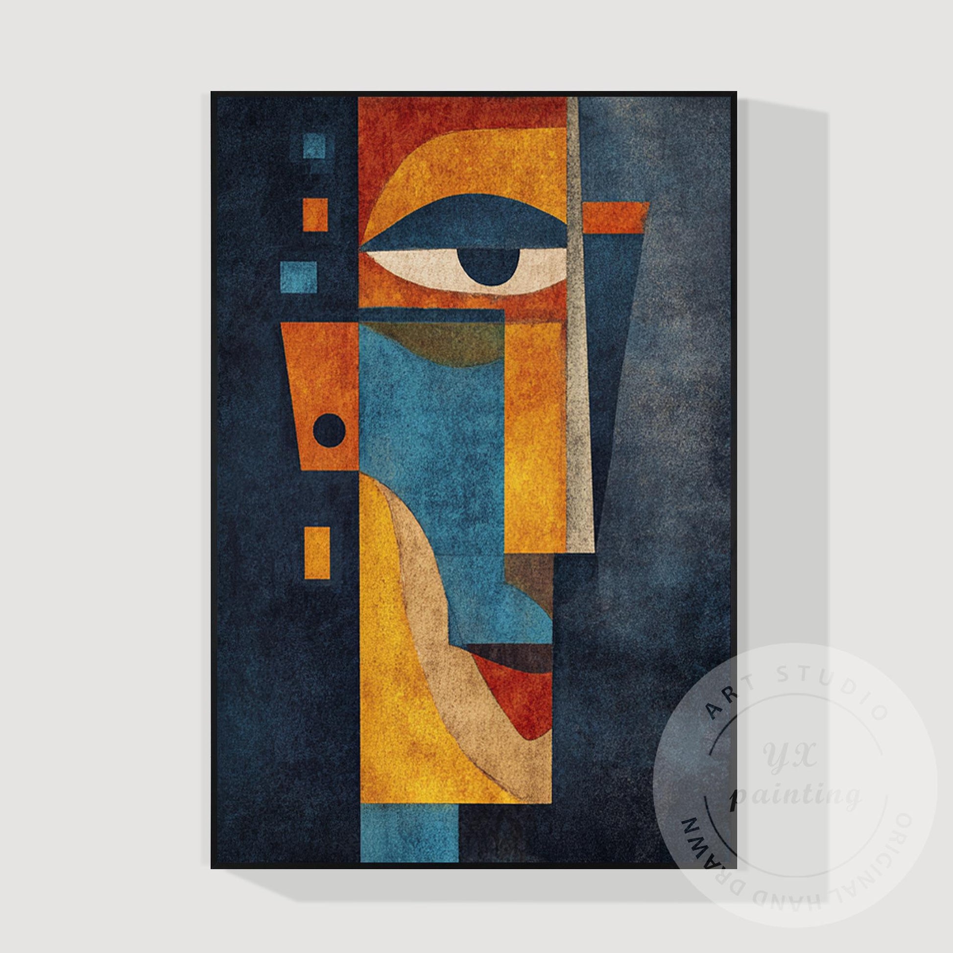 Original Abstract Portrait Painting, Handmade Geometric Modern Art, Blue Yellow  #10