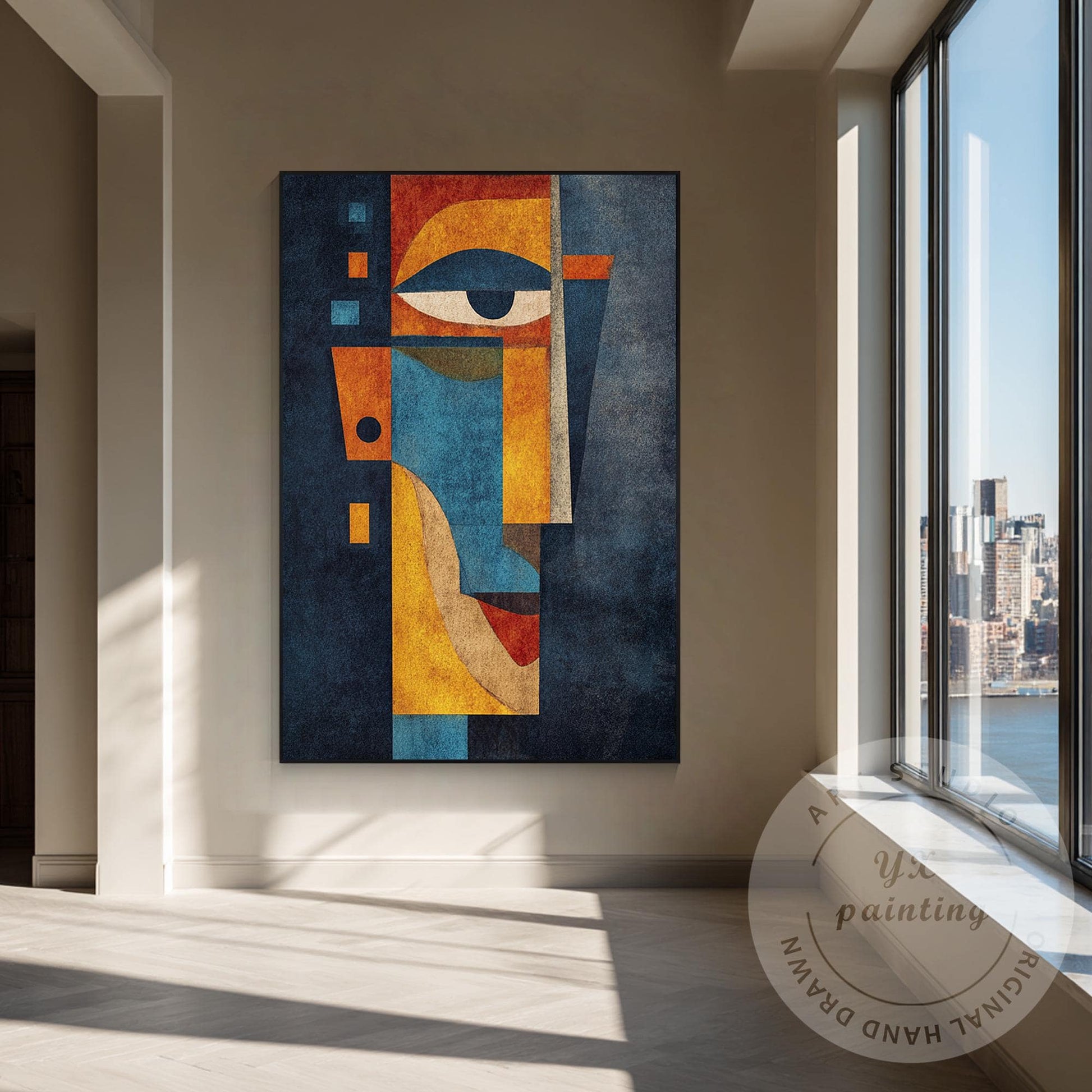 Original Abstract Portrait Painting, Handmade Geometric Modern Art, Blue Yellow  #1