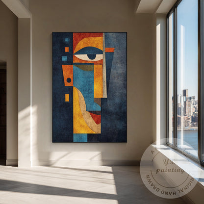 Original Abstract Portrait Painting, Handmade Geometric Modern Art, Blue Yellow  #1