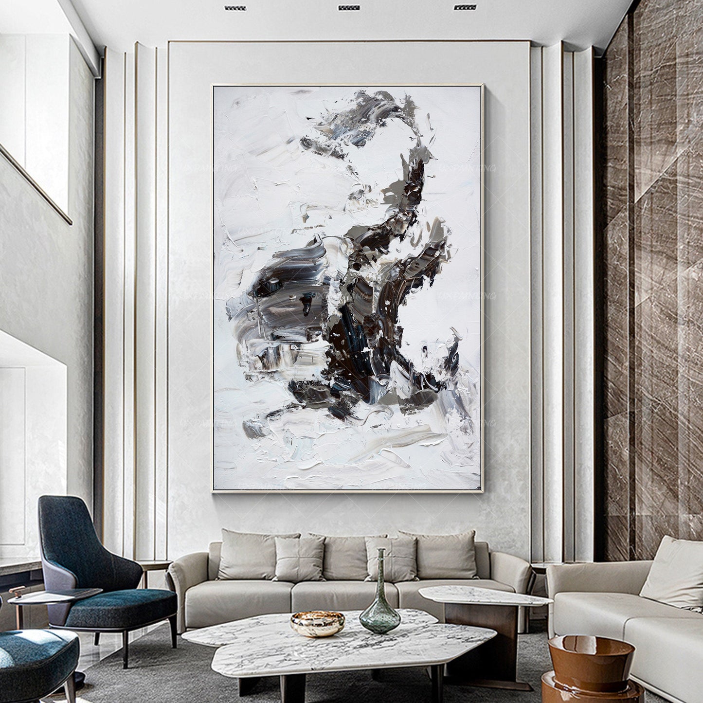 Original Black and White Abstract Painting: Textured Minimalist Wall Art #3