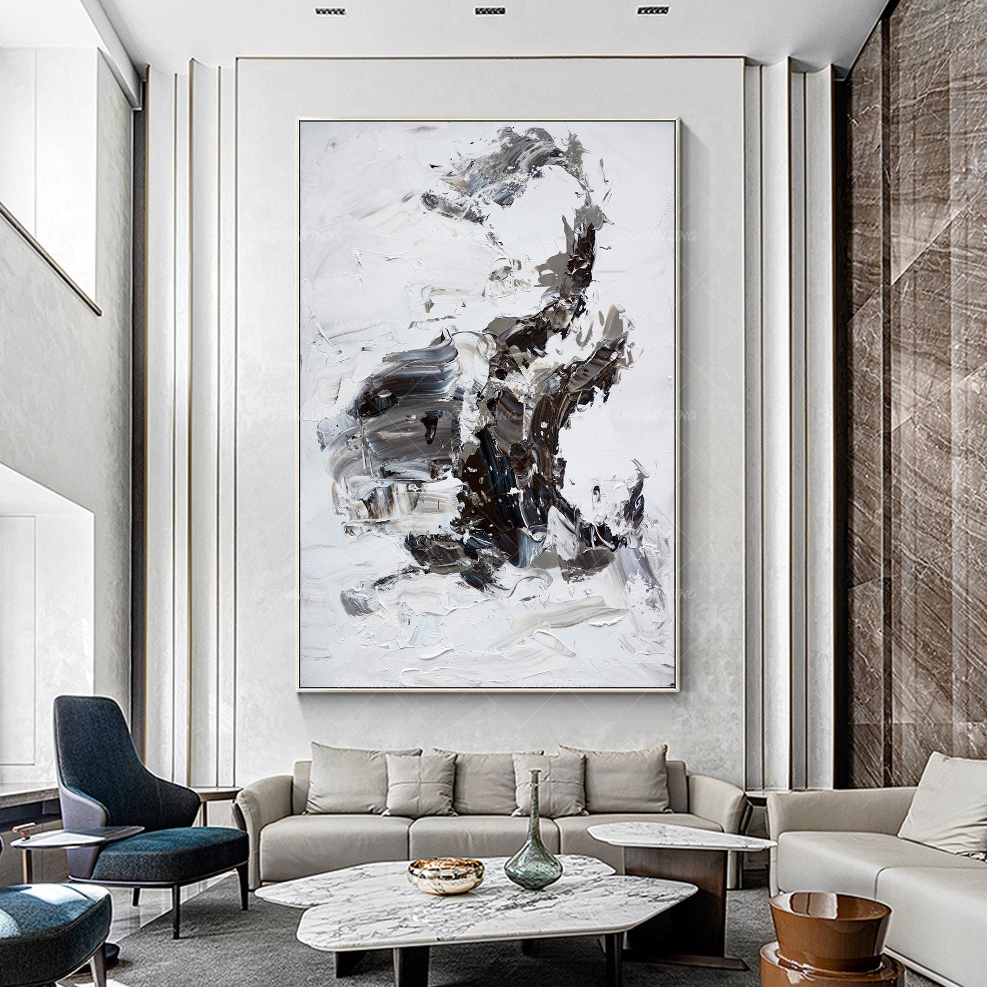Original Black and White Abstract Painting: Textured Minimalist Wall Art #3
