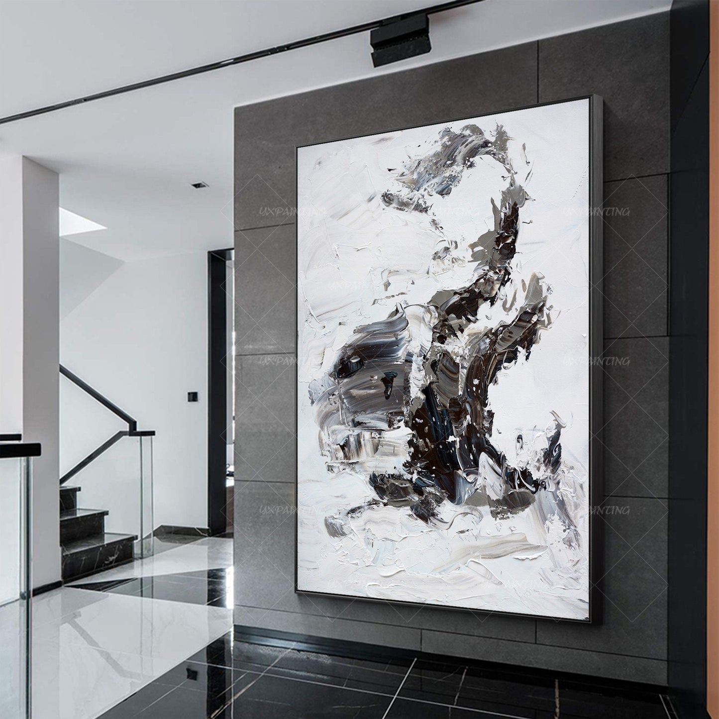 Original Black and White Abstract Painting: Textured Minimalist Wall Art #4