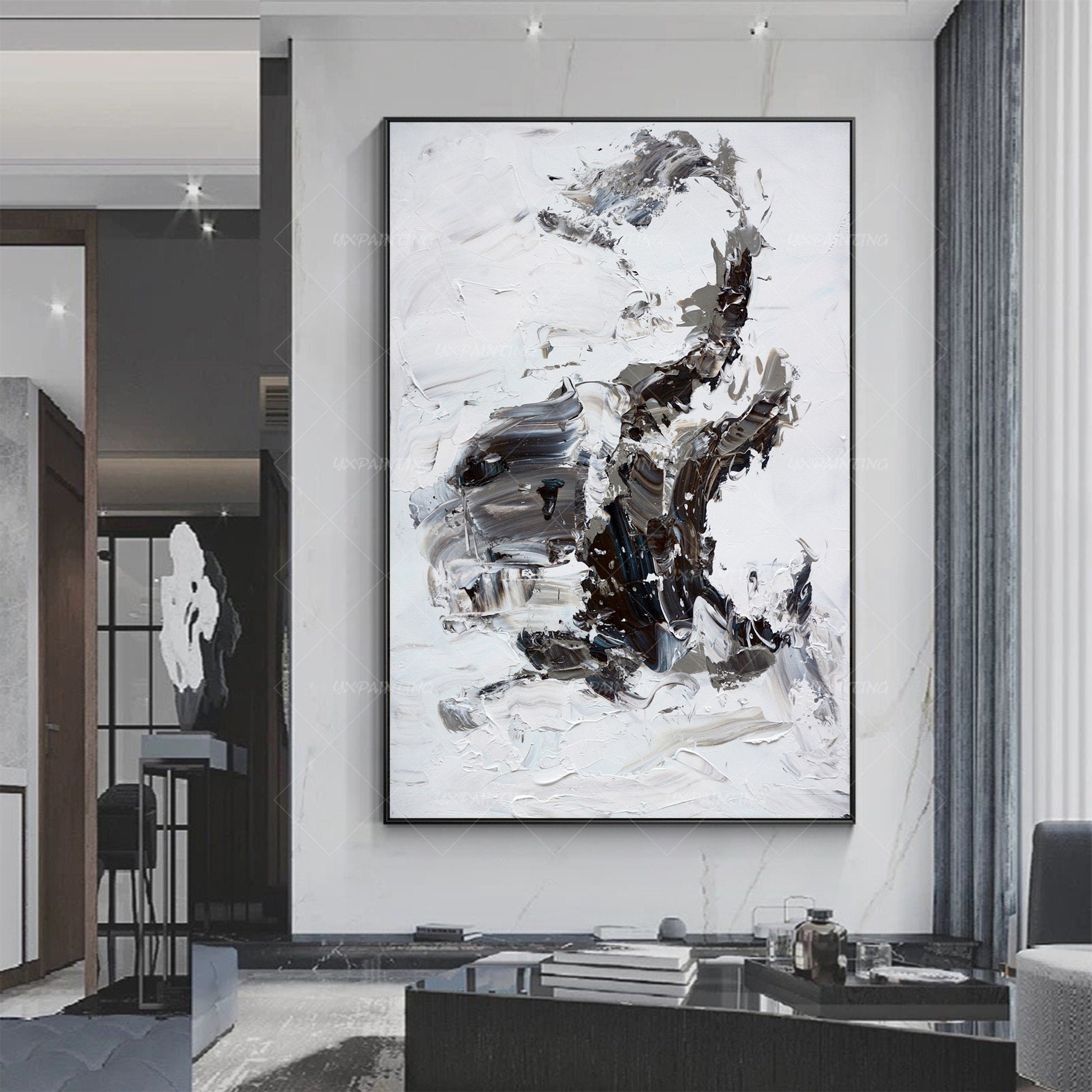 Original Black and White Abstract Painting: Textured Minimalist Wall Art #1