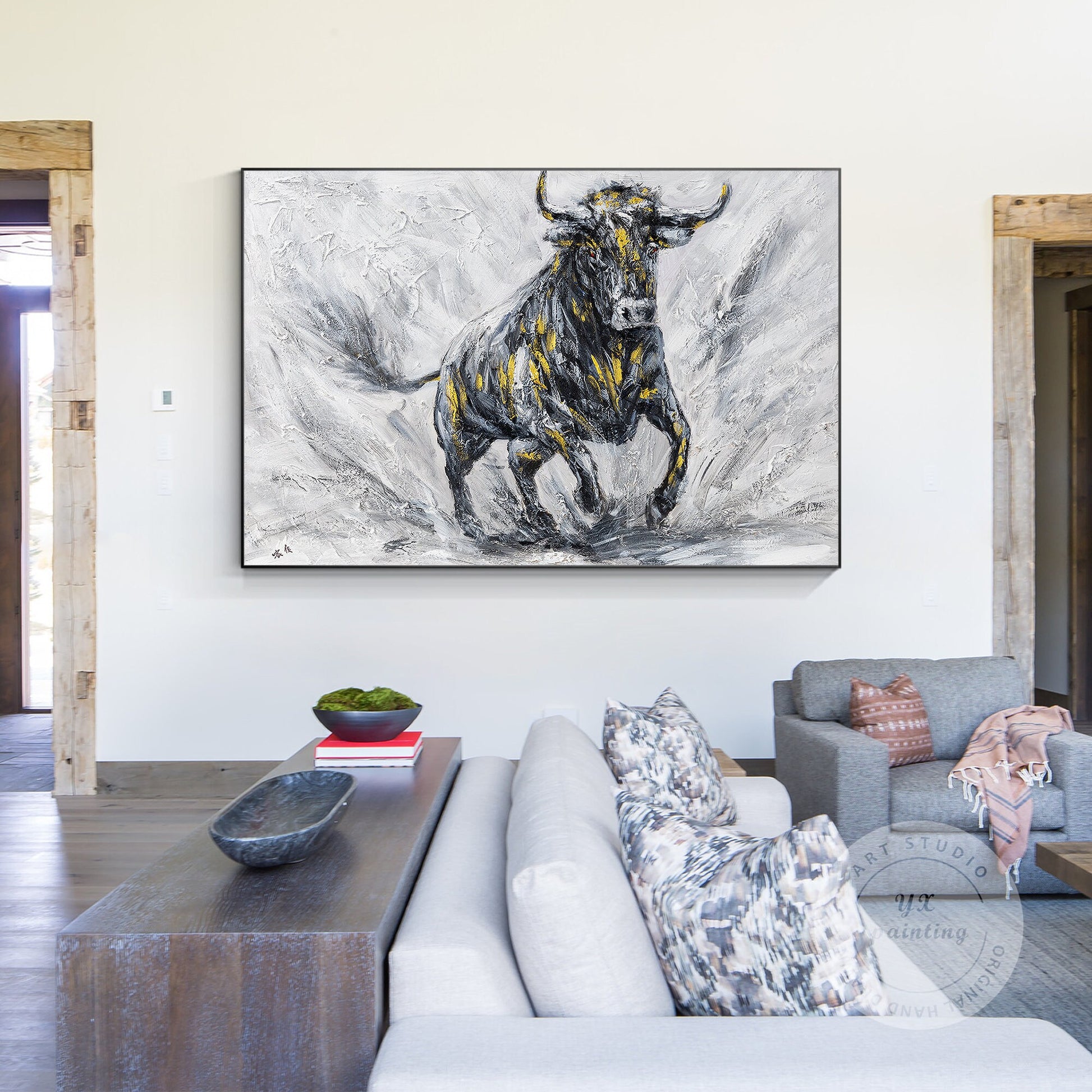 Original Bull Painting On Canvas: Black and White Textured Wall Art #2