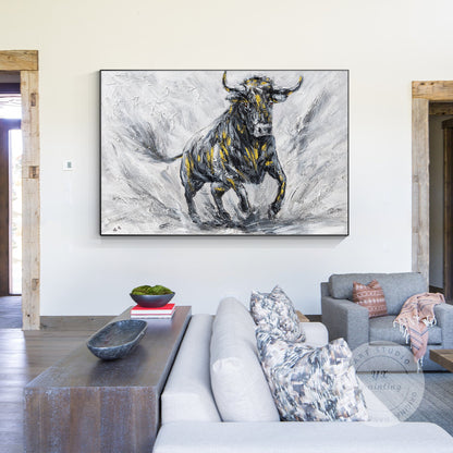 Original Bull Painting On Canvas: Black and White Textured Wall Art #2