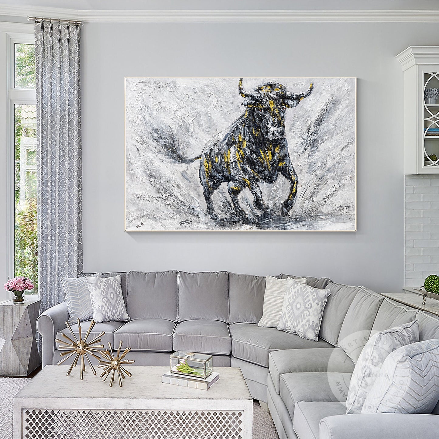 Original Bull Painting On Canvas: Black and White Textured Wall Art #3