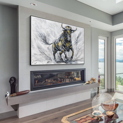 Original Bull Painting On Canvas: Black and White Textured Wall Art #4