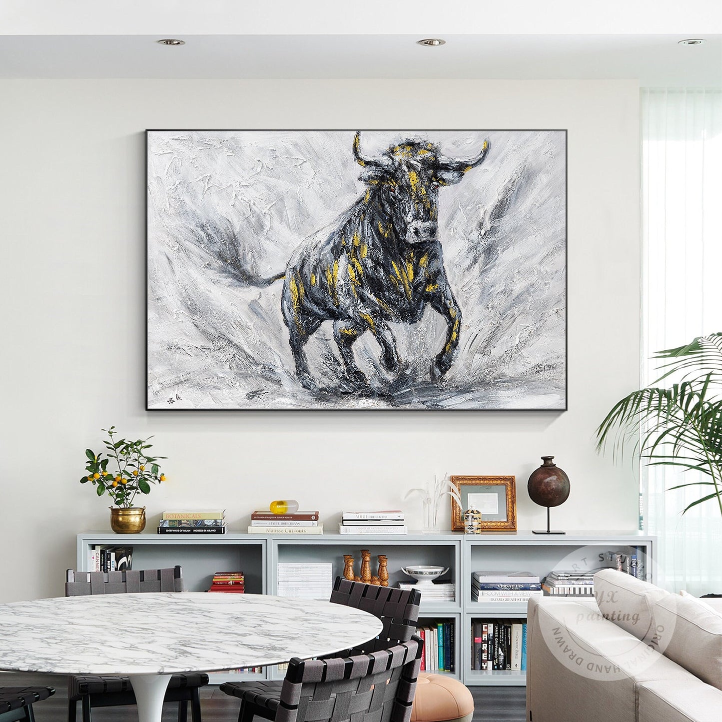 Original Bull Painting On Canvas: Black and White Textured Wall Art #1