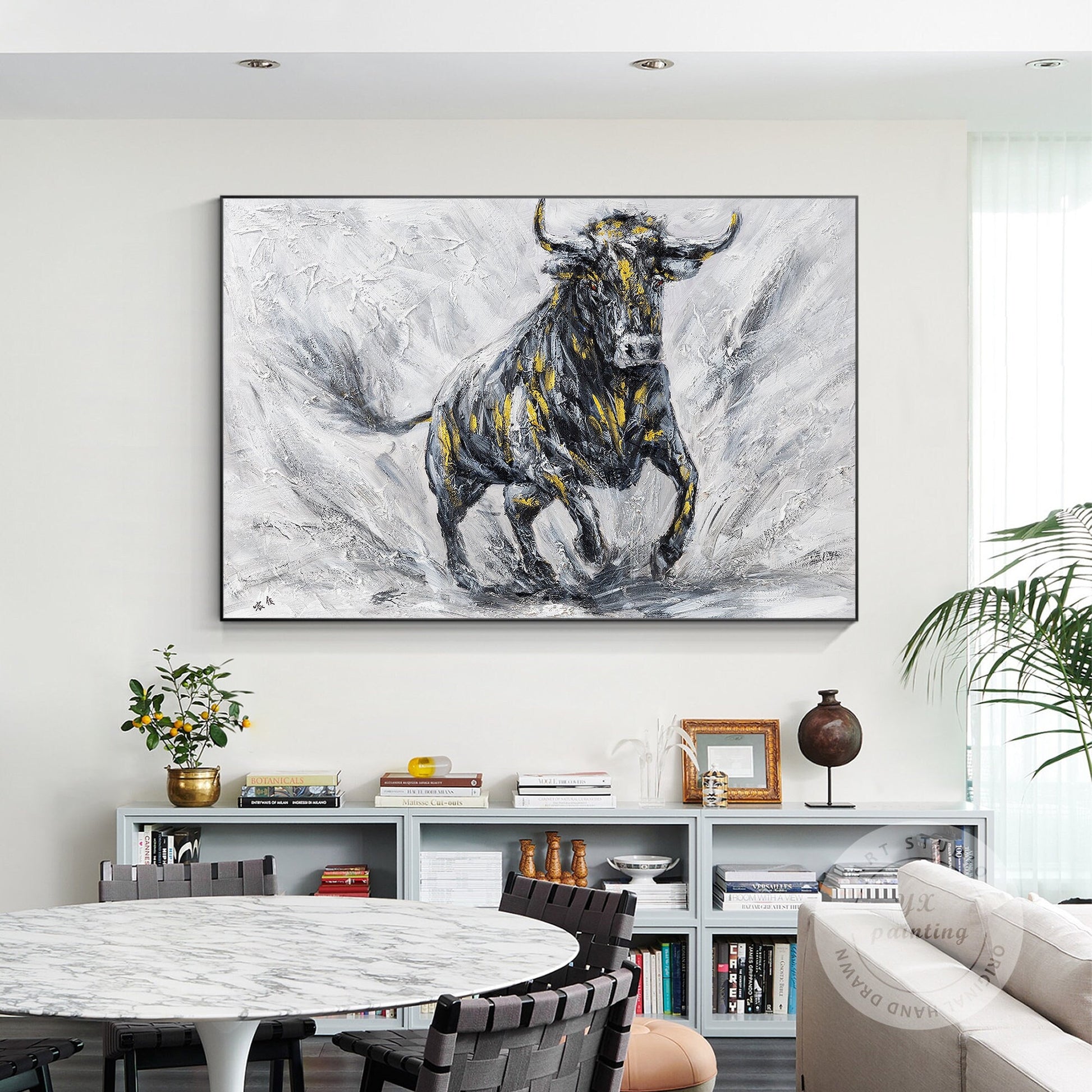 Original Bull Painting On Canvas: Black and White Textured Wall Art #1