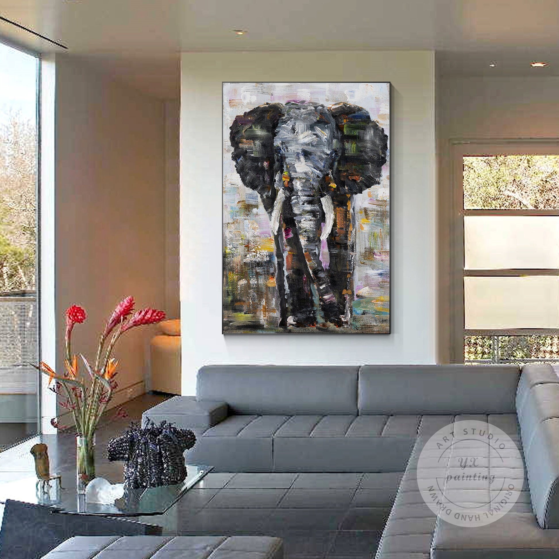 Original Elephant Painting on Canvas: Black Wall Art Decor #1