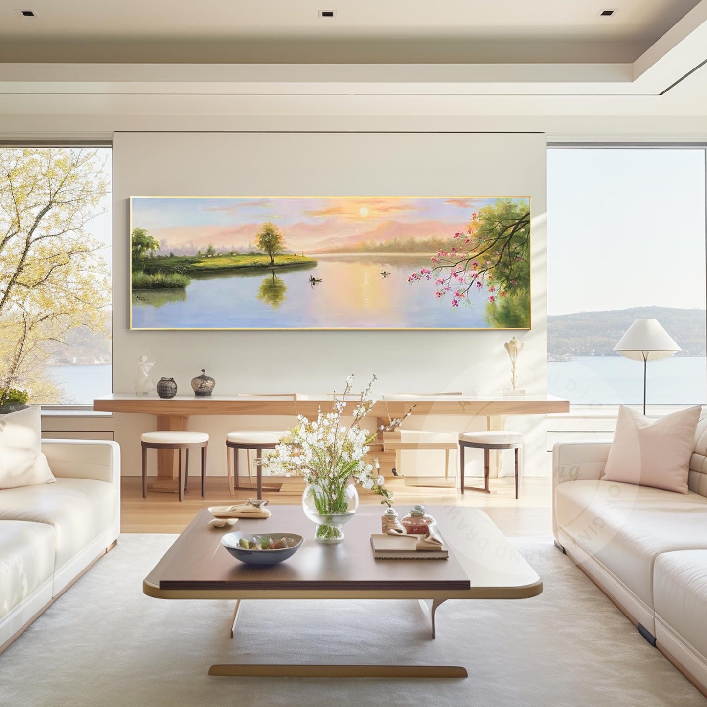 Original Forest River Sunrise Painting: Long Horizontal Canvas Wall Art #2
