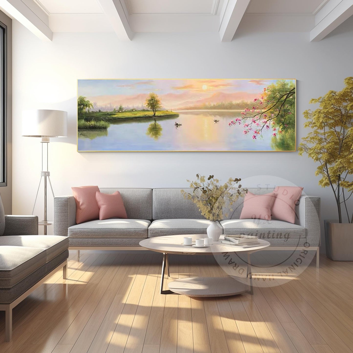 Original Forest River Sunrise Painting: Long Horizontal Canvas Wall Art #3